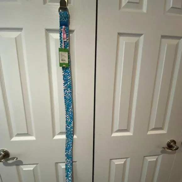 Lilly Pulitzer Blue Making the Rounds Belt NWT Skinny Leather Logo Belt | Gold Metallic | Lilly Pulitzer main image 3